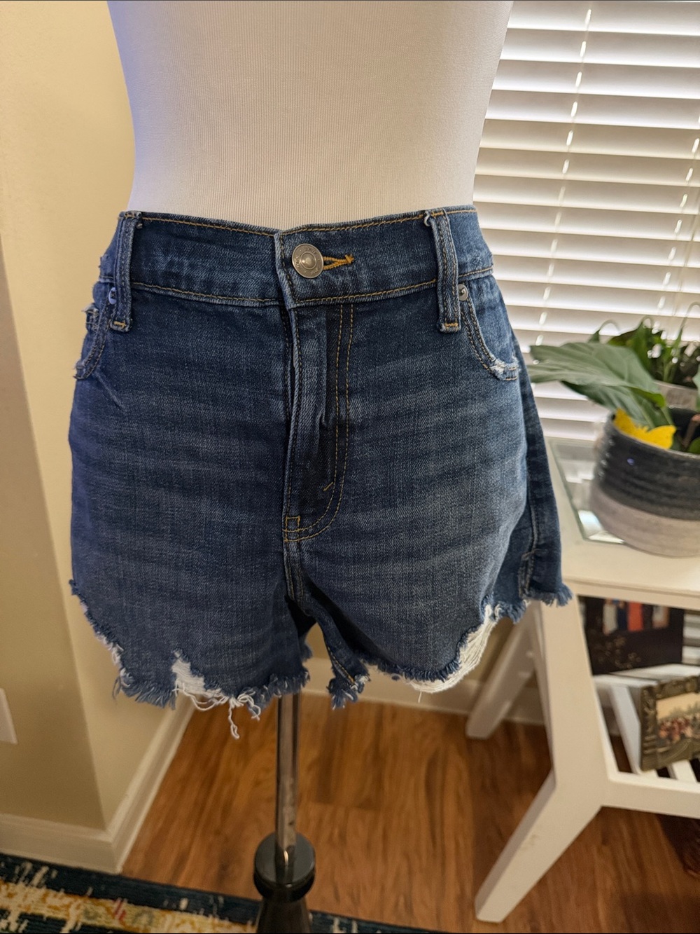 aerie Dark Blue High-Rise Frayed Denim Shorts